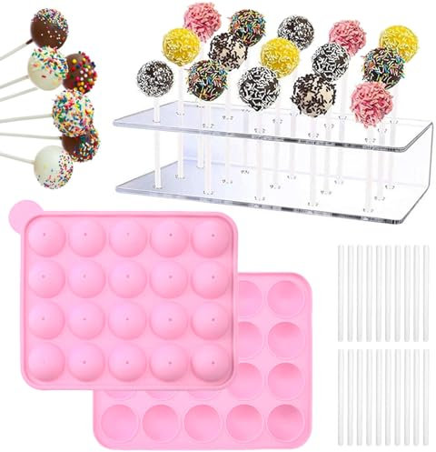 RoxNvm Cake Pop Set, molde de 20 agujeros para cake pop con 20 palitos para cake pop, soporte acrílico de 15 agujeros para cake pop, para decoración de bodas cumpleaños fiestas