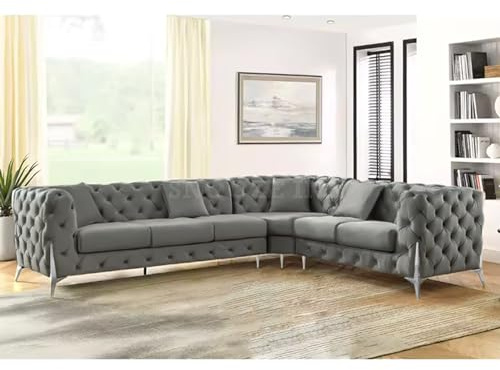 SNOOZE Inn Chesterfield 3 and 2 Seater Sofa Sets, Corner Sofas For Living Room, Upholstered Plush Fabric 3 Seater Velvet Sofas (Dark Grey, 6 Seater Right Hand Facing)