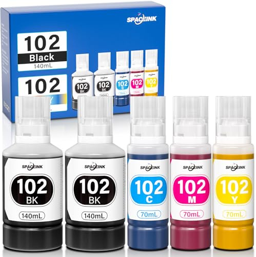 Spaceink Inchiostro 102 Compatibile con Epson ET-2851 ET-2850 ET-3850 ET-15000 ET-4850 ET-4856 ET-2750 ET-4750 ET-2856,102 Inchiostro Multipack (5 Flacone, Nero 140ml x2,Ciano,Magenta,Giallo 70ml)