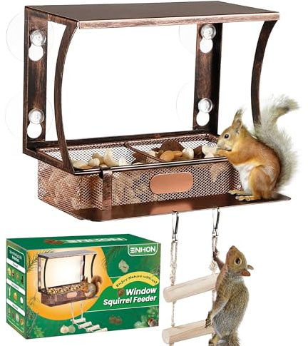 Enhon Window Squirrel Feeder, Metal Squirrel Feeders for Outside Winter with Strong Suction Cups & Ladders, Safe Funny Chipmunk Feeder, Feeding Shelter for Squirrels for Corn Peanuts