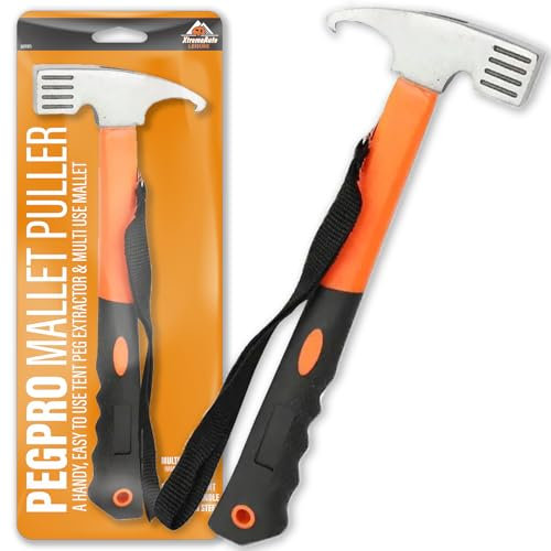 Xtremeauto Camping Hammer Heavy Duty - Tent Stake Remover with Hook, High Carbon Steel Tent Hammer Peg Puller Extractor Tool, Rubber Handle Tent Mallet with Holding Strap, Orange