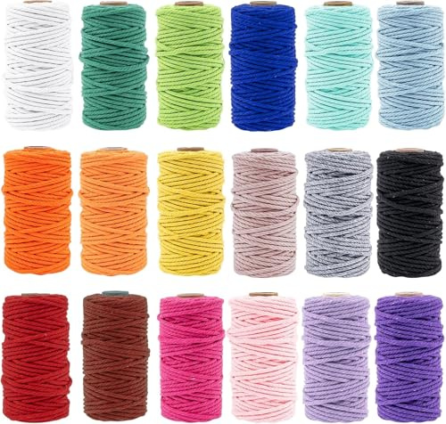 18 Rolls Macrame Cord 2mm x 576yards, Natural Macrame Rope, 3 Strand Twisted Cotton Rope Colored Macrame Yarn for Wall Hanging, Plant Hangers, DIY Craft, Home Decor, Gift Wrapping
