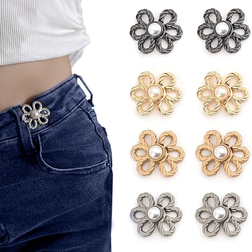 8 Pcs Waistband Tightener Clips, Jeans Buttons Metal Replacement, Adjustable and Decorative Waist Adjuster, for Pants, Sleeves, Skirts