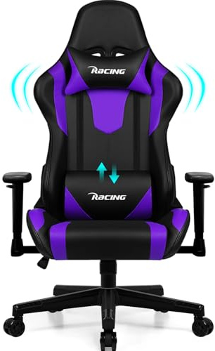 Homimaster Gaming Stuhl, Bürostuhl Ergonomisch mit verstellbare Lendenkissen, Kopfkissen und Armlehnen,Gaming Chair Gepolstert,Gamer Stuhl Wippfunktion,Gaming Stuhl 150 kg Belastbarkeit, Lila