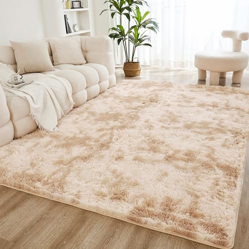 Litanika 8x10 Shag Area Rug for Living Room Bedroom, Tie-Dyed Beige High Pile Soft Plush Shaggy Furry Cream Bedside Playroom Dorm Carpet, Non-Slip, Non-Shedding Modern Indoor Floor Rug