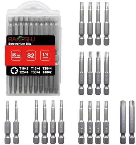 BAKESHU Torx Bit lang Set, T10-T15-T20-T25-T30-T40 Bit-Sortiment aus S2 (Länge: 50 mm, 20 Stück)