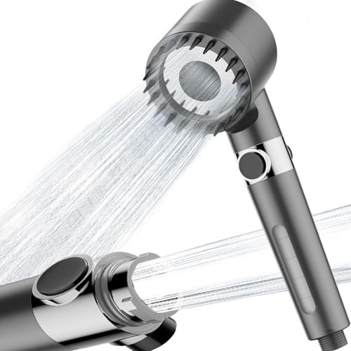 High Pressure Shower Head with 15-Stage Filter and 3 Extra Filter Cartridges, 3+1 Spray Modes, Hard Water Filter Shower Head with 2m PVC Hose, Handheld Massage Shower Filter for Chlorine Removal-Gray