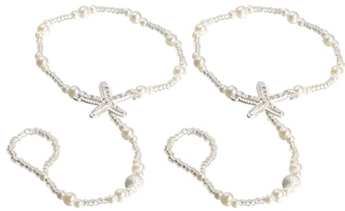 OATIPHO 2 Pcs Pearl Barefoot Sandals for Beach Wedding, Star fish Toe Ring Anklet for Bride & Bridesmaid, Boho Foot Jewellery Chain for Summer Vacation & Yoga (Elastic Stretch)