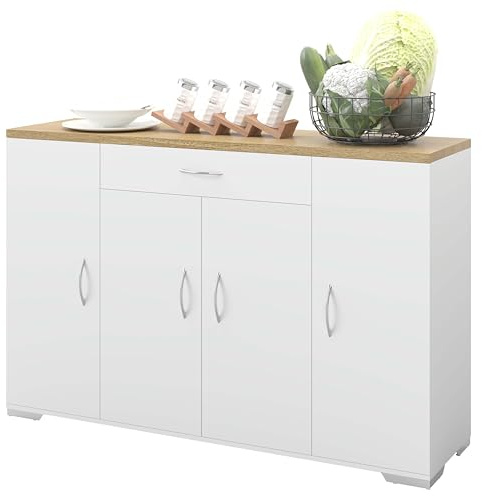 Amveya Credenza Cucina Bianca con Piano di Lavoro 110 x 30 x 70 cm Mobile Cucina Salvaspazio con Cassetto e 4 Ante Dispensa Cucina Madia Soggiorno Sala da Pranzo Moderna