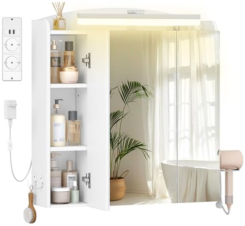 Hzuaneri Armario de Baño, con Espejo y Luz LED, 2 Enchufes CA + 2 USB, Mueble Espejo de Pared con Interruptor y Enchufe, Soporte para Secador de Pelo, Ganchos, Estantes Ajustables, Blanco MC00603XEU
