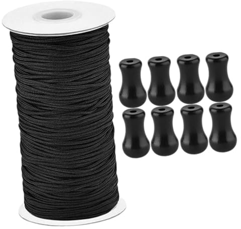 ANDRESLAD Cordón para Persianas 1.8mm Negro 10 Metros con 8 Perillas De Plástico Resistente Antidecoloración Cuerda De Sombra Vida para Manualidades y Decoración del Hogar Juego De Repuesto