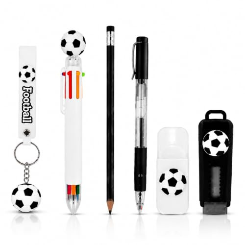 UZYXC 1 Set Ensemble De Papeterie Foot, Stylo Bille, Crayon, Gomme, Motif Football, Pour Élèves, Rentrée Scolaire, Cadeau, 6 Pièces, Pratique