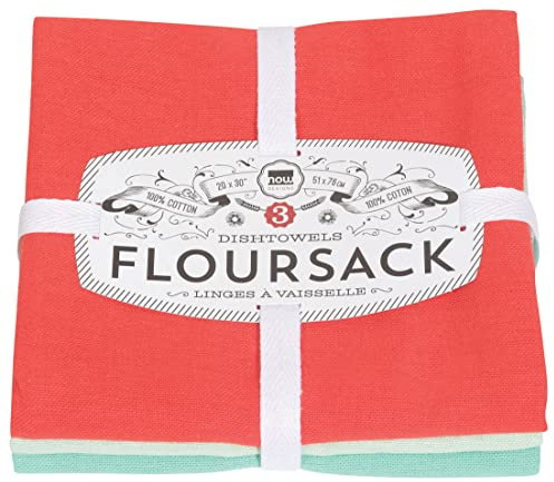 Now Designs Floursack Kitchen Towels Quick Dry Cotton Hand Towel Set, 3 Count, Fiesta/Jade/Lucite, 20 x 30 in
