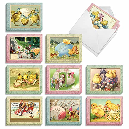 The Best Card Company - 20 tarjetas de Pascua vintage con sobres (4 x 5.12 pulgadas) - Tarjetas de notas retro en caja para Pascua (10 diseños, 2 cada uno) - Springtime Chicks AM3196EAG-B2x10