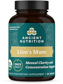 Organic Lion's Mane Mushroom Supplement with Ashwagandha by Ancient Nutrition, Organic Lion's Mane Supports Healthy Energy and Concentration, Reduces Fatigue, Gluten Free and Keto Friendly, 30 Tablets
