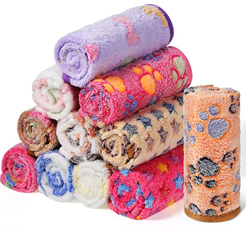 Tatuo 12 Pieces 16 x 24 Inch Dog Blanket Super Soft Warm Cat Sleep Mat Pet Kitten Doggy Fluffy Fleece Blankets with Cute Dog Paw Bone Star Elephant Patterns Printed Fluffy Blanket for Small Cat Puppy