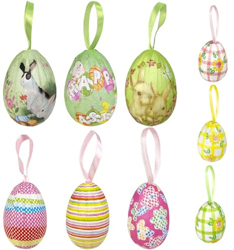 24 uova da appendere Pasqua, multicolore, misure assortite in schiuma uova Pasqua da appendere albero, decorazioni decorative artigianato fai-da-te con vari stili, motivi fiori coniglio decorazione