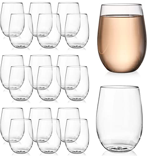 Tebery 20 Pack 16oz Unbreakable Plastic Wine Glasses, 450ml Reusable Heavy Duty Clear Drinking Glasses, Stemless Wine Cups for Champagne, Dessert, Food Samples, Catering, Weddings