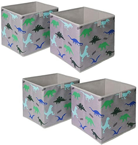 OHS 4 Pack of Dinosaur Print Kids Storage Toys Games Box Clothing Space Saving Foldable Organiser Cube, Charcoal Grey