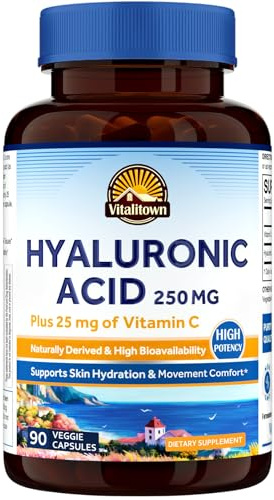 Vitalitown Hyaluronic Acid Supplements 250 mg, Plus 25 mg Vitamin C, Naturally Derived & High Bioavailability, Skin Hydration, 90 Vegan Capsules, 3 Month Supply