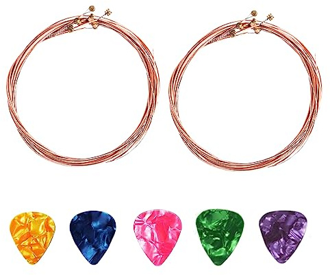 Corde per chitarra acustica LJFEA, corde per chitarra acustica Premium in acciaio e ottone rosso, (set di 6 corde) 2 set + 5 plettri