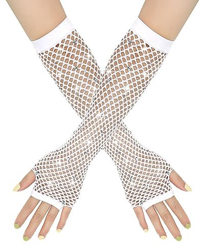 Yurosiay Lang Strass Netzhandschuhe Damen Bunt Fingerlose Mesh Handschuhe Elastisch Fischnetz Handschuhe Mit Strass Mode Fingerlose Abendhandschuhe für 80er Tanz Kostümabend Party Weiße