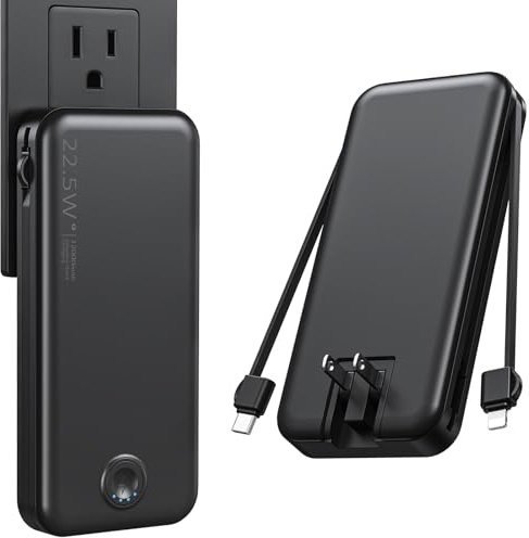 Nusyddy Portable Charger 10000mAh Fast Charging w/Built-in Wall Plug Black