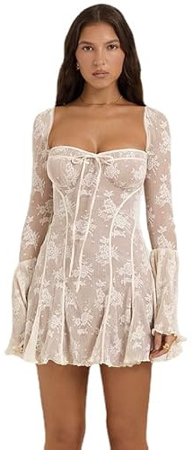 Vestido de encaje vintage sexy ajustado para mujer, mini vestido retro de malla de manga larga coqueto con cuello cuadrado y volantes, vestido corto, Blanco, M