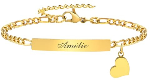 Bracelet Femme Personnalisé Chaine Reglable, Bracelet Gravé Prénom Date Coeur en Acier Inoxydable Chaîne Figaro Cubain Argenté, Bijoux Cadeaux pour Femmes Petite Amie Filles Garçons Hommes (Or)