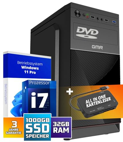 Schneller PC mit Intel Core i7 - Desktop Computer + Silent Rechner für Büro & Home Office mit 8-Thread 3.90 GHz - 32GB RAM - 1024GB SSD - USB3.0 - WLAN BT - inkl Windows 11 Pro mit Card Reader 5-in-1