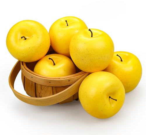 6 Piezas Manzanas Falsas, Manzanas Artificiales para Decoración Manzanas Falsas Amarillas para Manualidades, Frutas Falsas para Escaparates de Cocina