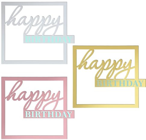 Ymapinc Mirror Acrylic Happy Birthday Cake Topper, 3PCS Cupcake Toppe Hollow, Happy Birthday Cake Sign Decorations Decorating Supplies Rose Gold,Gold, Silver Frame Topper
