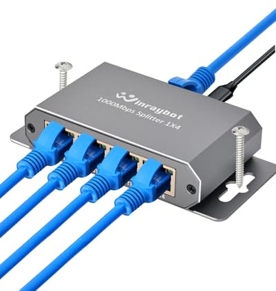 WinRaybot 4 Port Gigabit Ethernet Splitter 1 to 4 - Powered Network Switch with Wall Mount Ears for Home, Office, PS5, Router, Smart TV - Plug and Play 1000Mbps Ethernet Hub