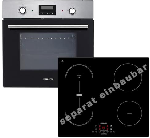 Einbauherd-Set Backofen Umluft Grill Display mit Uhr & Timer autarkes Induktionskochfeld 60 cm breit Timer Flexzone rahmenlos Topferkennung Backofen Set Herd mit Kochfeld