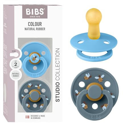 BIBS Colour Studio Soother 2-Pack, BPA Free Dummy Pacifier, Round Nipple. Natural Rubber Latex, Made in Denmark, Size 2 (6-18 Months), Breeze/Petrol