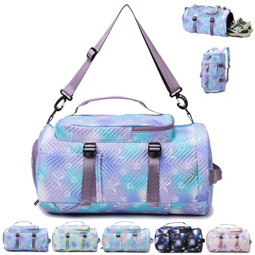 AUNGKWANG Bolsa Deporte Niña, Bolsa de Viaje Chica, Grande Travel Bag Fin de Semana, Bolsa de Natación para Playa, Bolsa Deporte con Compartimento Zapatos y Bolsillo Húmedo (Púrpura)