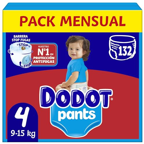 Dodot Bebé Pants Pañales, Talla 4, 9-15 kg, 132 Pañales, Pañal-Braguita con Ajuste 360° Anti-Fugas, Pack Mensual