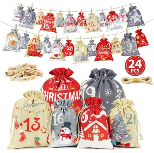 2026 Advent Calendar Gift Bags,DIY Advent Calendar Kit Reusable Fabric Calendar Drawstring Gift Bags to Fill Yourself,Christmas Advent Hanging with 24 Red Storage Bag Xmas Tree Door Window Gifts Décor