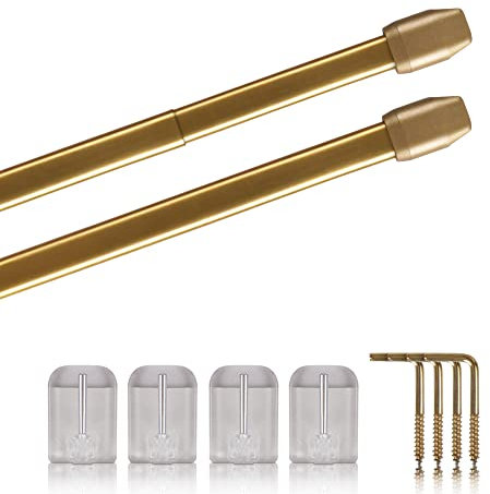Vitragestangen 2er Pack ausziehbar, 2 Gardinenstangen mit Selbstklebehaken - Befestigung ohne Bohren (Farbe: messing glänzend, Größe: 40-60cm)