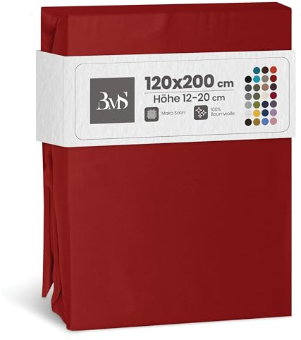 Bettwaesche-mit-Stil Mako Satin Spannbettlaken Spannlaken Spannbetttuch (120 cm x 200 cm, Matratzenhöhe 12-20 cm, Rot)