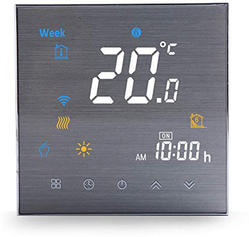 Termostato Wifi per Caldaia a Gas/Acqua-Termostato Smart Programmabile con Compatibile Alexa Echo Google Home,Termostato Digitale Touch Screen Senza fili 3A Struttura in Metallo Spazzolato Color Font