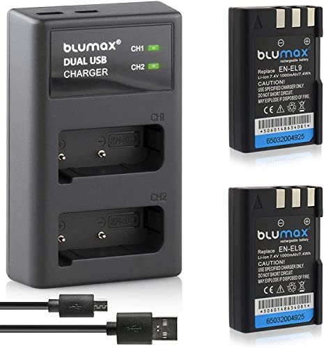 2X Blumax Akku für Nikon EN-EL9 / EN-EL9e / EN-EL9a 1000mAh + Dual-USB Ladegerät | kompatibel mit Nikon D3000, D40, D40x, D5000, D60, D 3000, D 40, D 40x, D 5000, D 60