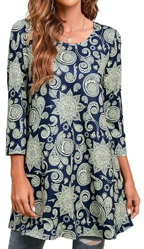 Enmain Maglietta a Maniche Lunghe da Donna Stampata Tunica Top Paisley Ampia Collo Rotondo T Shirt Lunga Elegante Blusa Casual Camicette con Maniche a 3/4,Blu Navy,XXL