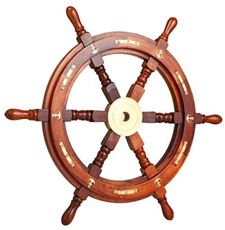 Brainmart Rueda de Barco Náutica Hecha a Mano de Madera, Capitán Pirata, Bienvenido a Bordo, Volante Colgante para Decoración del Hogar (Mango de Madera de Ancla, 18)