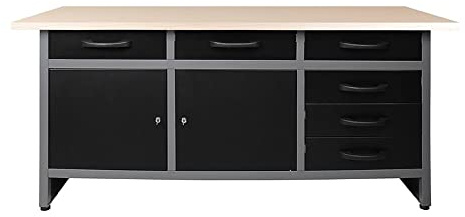 Stalwart DA-TC008 Professional Grey Black Workshop Workbench with 30mm Wooden Desktop 6 Drawers 2 Lockable Doors 1600x600x850mm