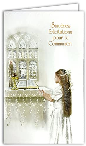 19-635 Carte COMMUNION FILLE Sincères Félicitations église Chrétienne Catholique Bible Bougie Ostie Coupe avec Enveloppe Format 12x19,5cm Papier écolabel FSC Gestion Durable Forêts Fabriqué en Europe