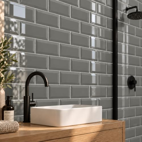 Metro Dark Grey Ceramic Wall Bathroom Tile Subway Brick Effect 100mm x 200mm Bevelled Edge Kitchen Tiles Gloss Finish 1m2 Box of 50