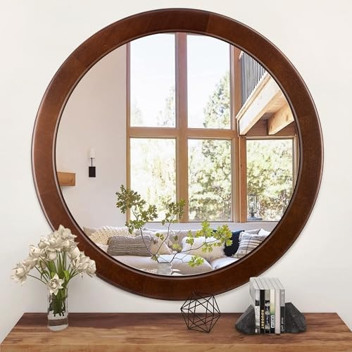 Round Mirrors 30 Inch,Wood Vanity Wall Rustic Mirror With Walnut Frame