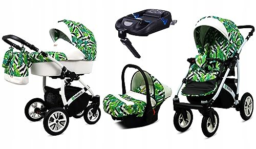 BabyLux® Carrito de Bebé Sistema de Viaje Set 4 en 1 - Tropical - incl. Capazo, Silla de Paseo, Silla Coche, ISOFIX Base - Cochecito - con Bolso cambiador, Cubierta para la lluvia etc.