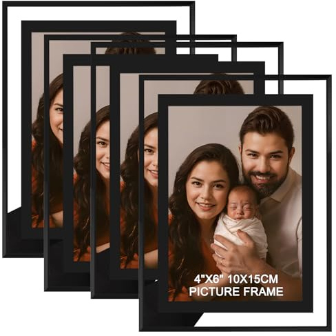 IZIDDO 4x6 Picture Frames Set of 4, Black Glass Photo Frame,for Wall Mount or Tabletop Standing, Gift Picture Frame, Horizontally or Vertically (4x6, Black or Sparkling silver Randomly)